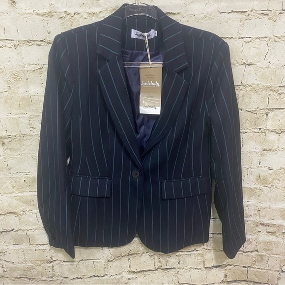 NWT Susie Lady Blue Green Striped Metallic Weave Blazer Jacket - Picture 1 of 4